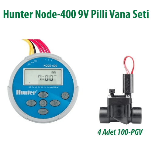 Hunter NODE-400 1 İstasyonlu Pilli Kontrol Ünitesi 9V. Ve 4 Adet 100PGV Vana Seti