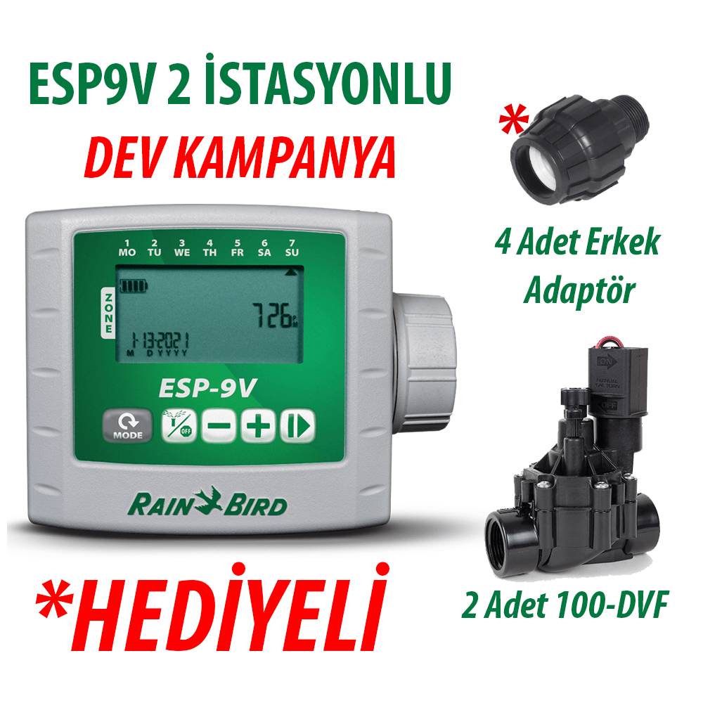 Rain Bird ESP9VI2 Pilli Kontrol Ünitesi 9V. 2 İstasyonlu ve 2 Adet 100DVF 9V. Vana Seti
